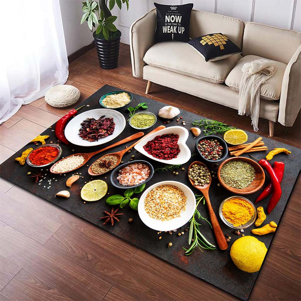 Fußmatte mit schönem Gewürz- und Geschirr-Muster, für Küche, rutschfeste Fußmatten, Badezimmerbereich, Schlafzimmerteppich