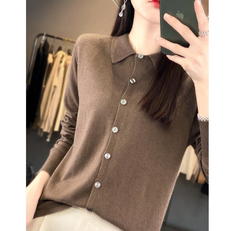 Toamnă și iarnă nou pulover cardigan tricotat cu guler de cămașă lână pieptănată, cămașă cu rever polo cu jachetă deasupra, pentru femei