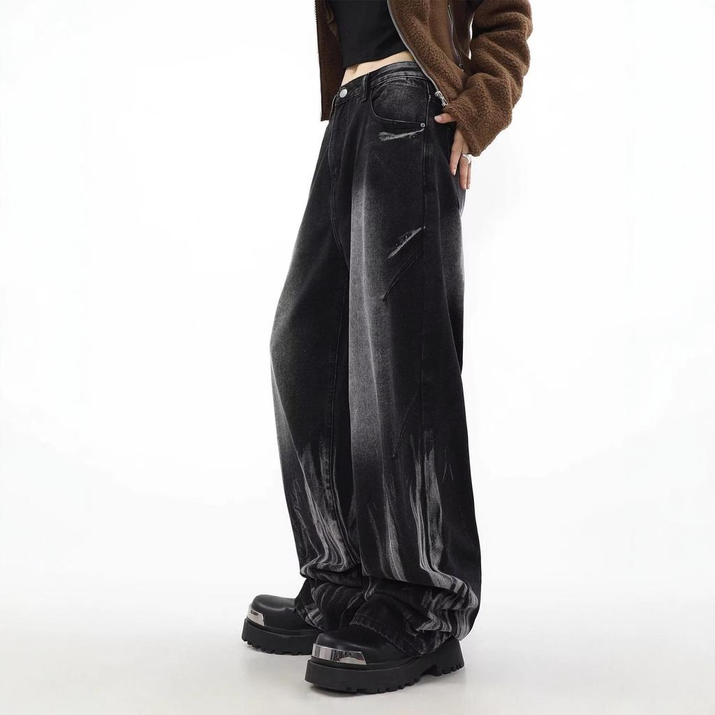American jeans men's niche wide-leg straight vertical loose tie-dye high street pants retro casual tooling trousers