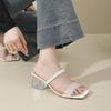 Women's Square Toe Slippers Clear Crystal High Block Heel Dual Straps Braided Slip on Mules Sandals Summer Party Casual Shoes