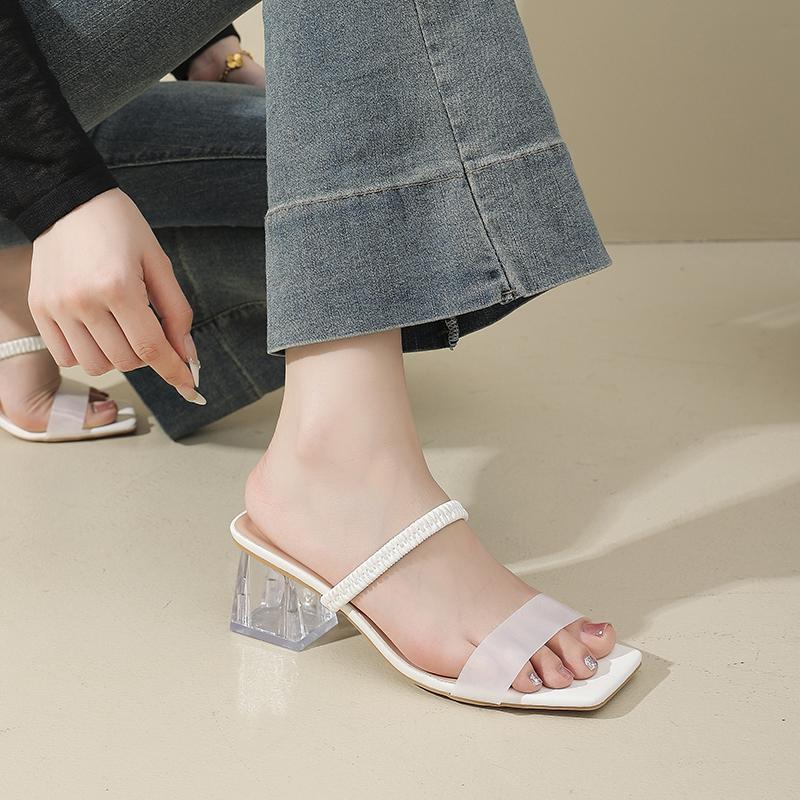 Women's Square Toe Slippers Clear Crystal High Block Heel Dual Straps Braided Slip On Mules Sandals Summer Party Casual Shoes