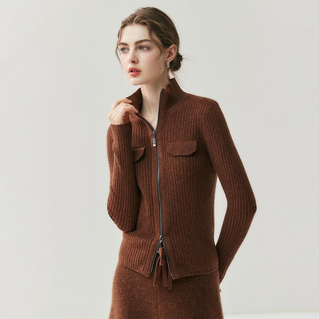 Korean Style Women's Cashmere Knit Cardigan - Slim Fit with Zipper Lapel and Long Sleeves for Versatile Wear