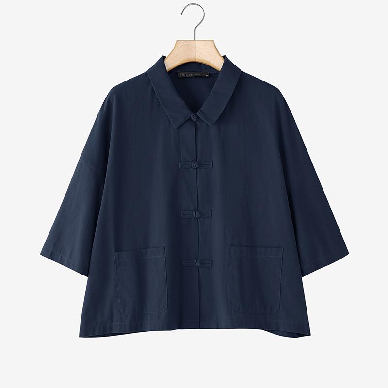 ZANZEA Women Summer Turn Down Collar Loose Half Sleeve Cotton Blouse
