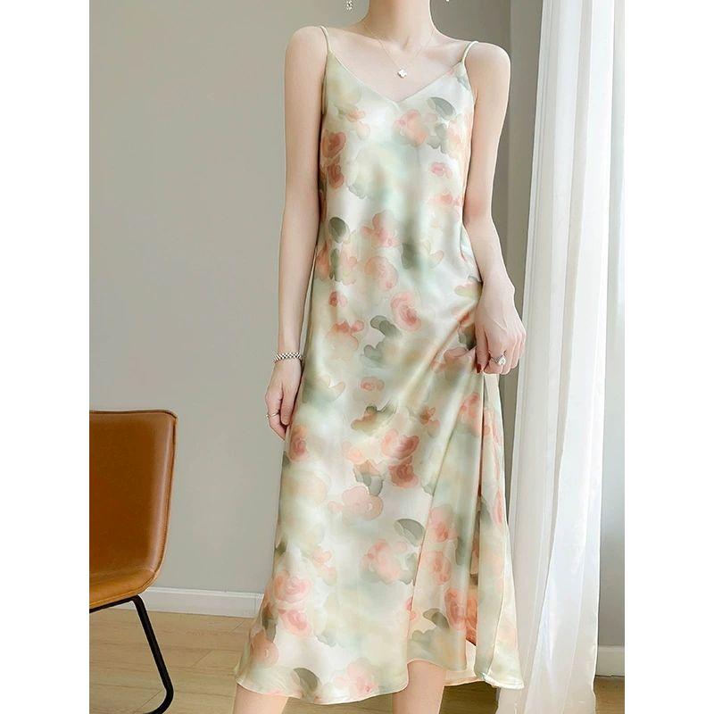V-neck Spaghetti Strap Floral Dress Women V-neck Loose Sling Floral Dress