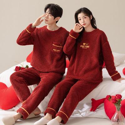 Thick Coral Fleece His & Hers Red Pajamas Set for Autumn & Winter