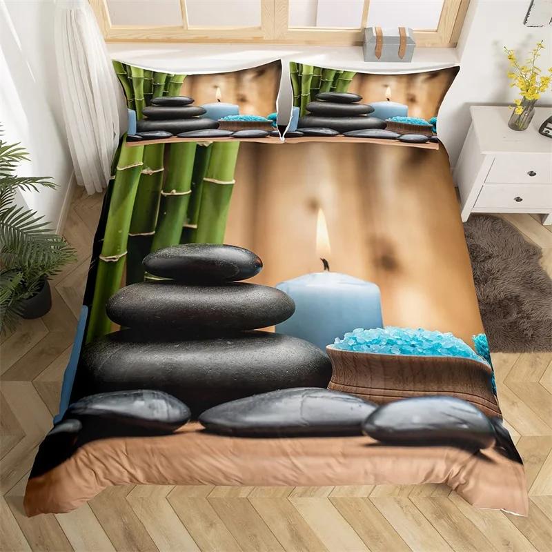 Zen Stones King Duvet Cover Sandy Beach Bedding Set Microfiber Purple Phalaenopsis Comforter Cover Meditation Bedspread Cover
