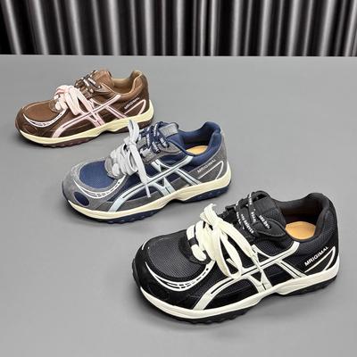 Leather Mesh Forrest Gump Shoes Women's 2025 Autumn New Round Head Thick Sole Lace-up Color Matching Casual Versatile Sports Shoes Tide