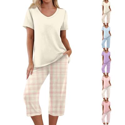 Damen Zweiteiliges Pyjama-Set mit kurzen Ärmeln und Hose, bedruckt, für Freizeit-Nachtwäsche