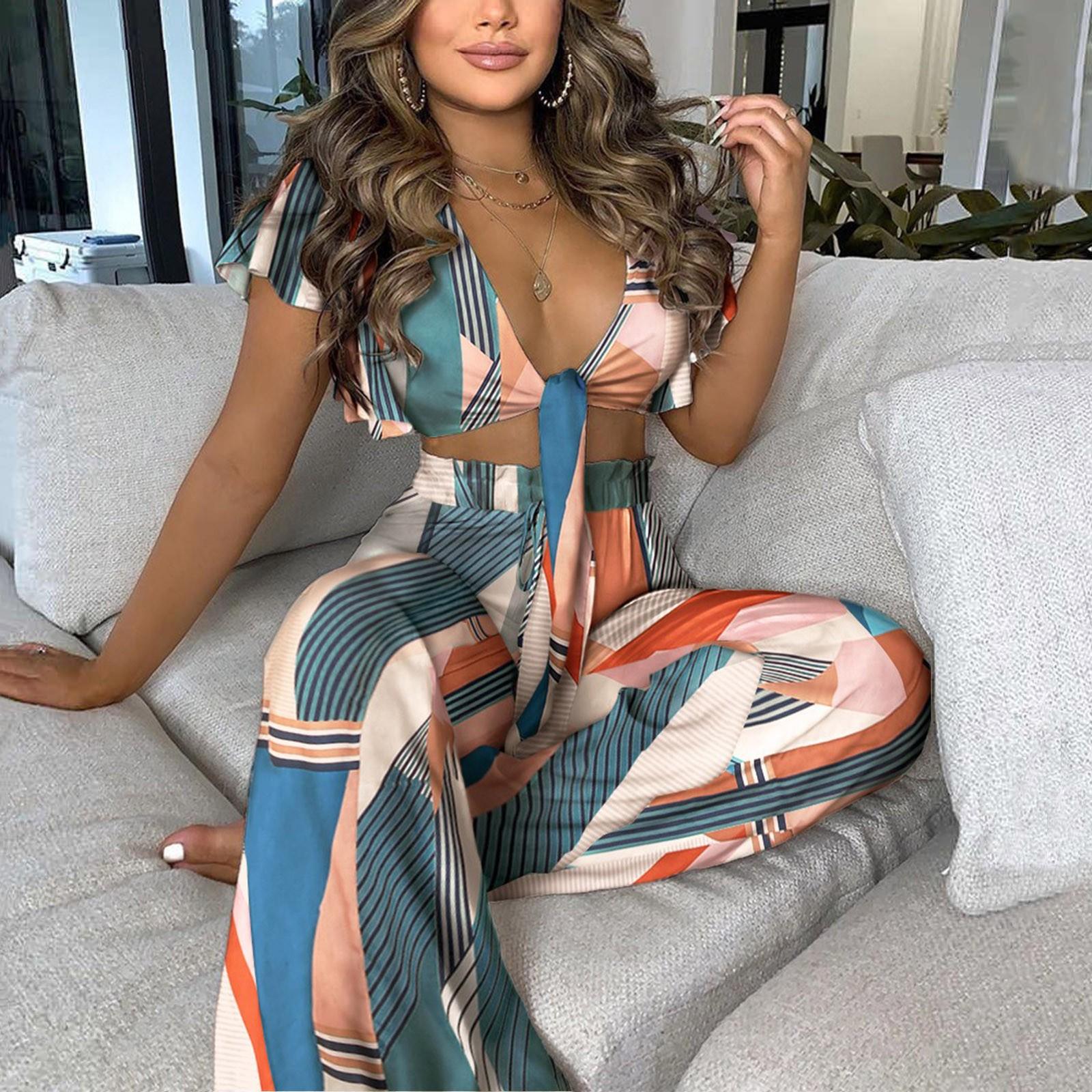

Womens Holiday Fashion V Neck Print Short Sleeve Long Pants 2 Pieces Suit Party S