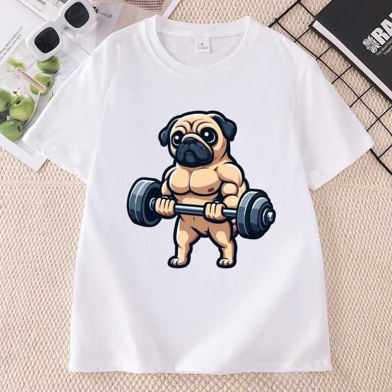 Pug Bodybuilding Weightlifting T Shirt Kawaii Cute Graphic T Shirts Casual Round Neck Printed Short Sleeve Tees Clothes