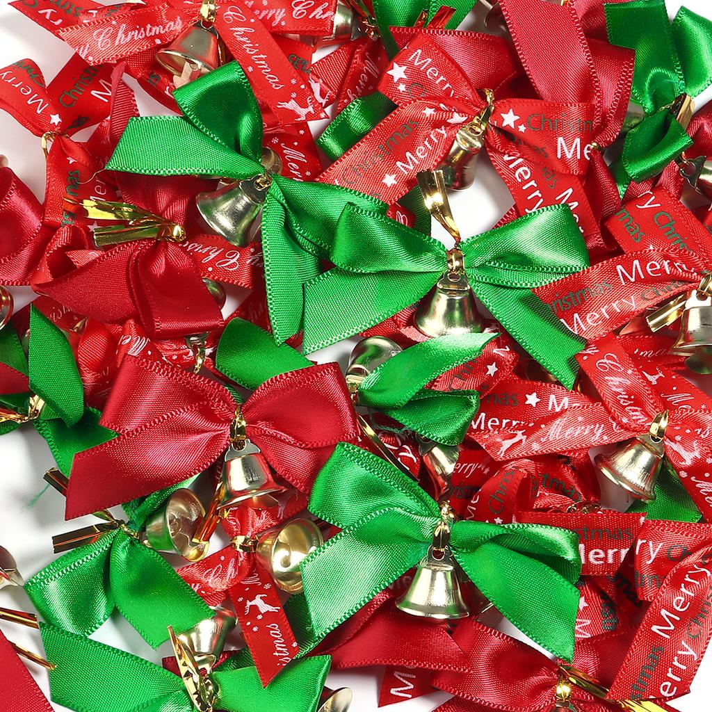 10pcs/lot Christmas Bow Exquisite Polyester Printed Bowknot With Bell For DIY Crafts Garment Ornament Christmas Tree Decoration
