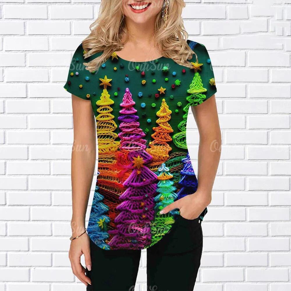 Summer Round Neck 3D Christmas Print Top Fashionable Casual Short Sleeved Women's T-shirts