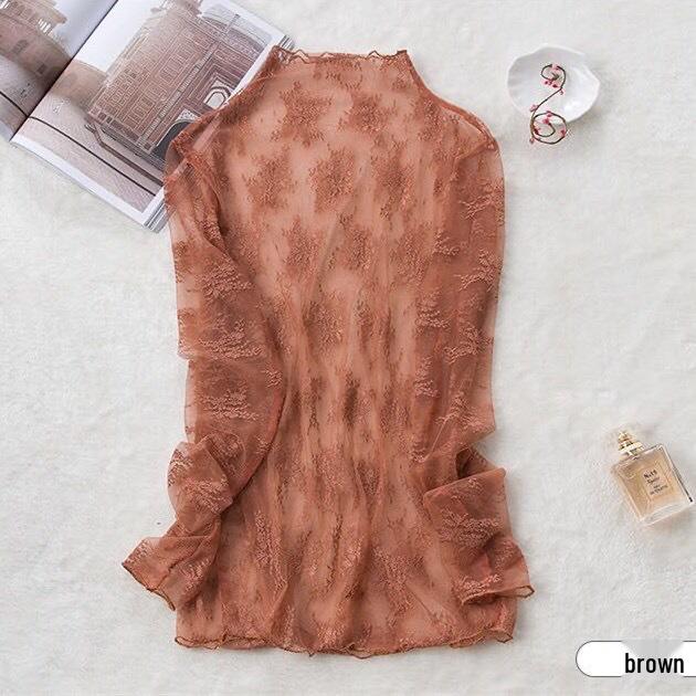 Four Seasons Lace Mesh Semi-High Neck See-Through Long Sleeve Korean-Style Blouse