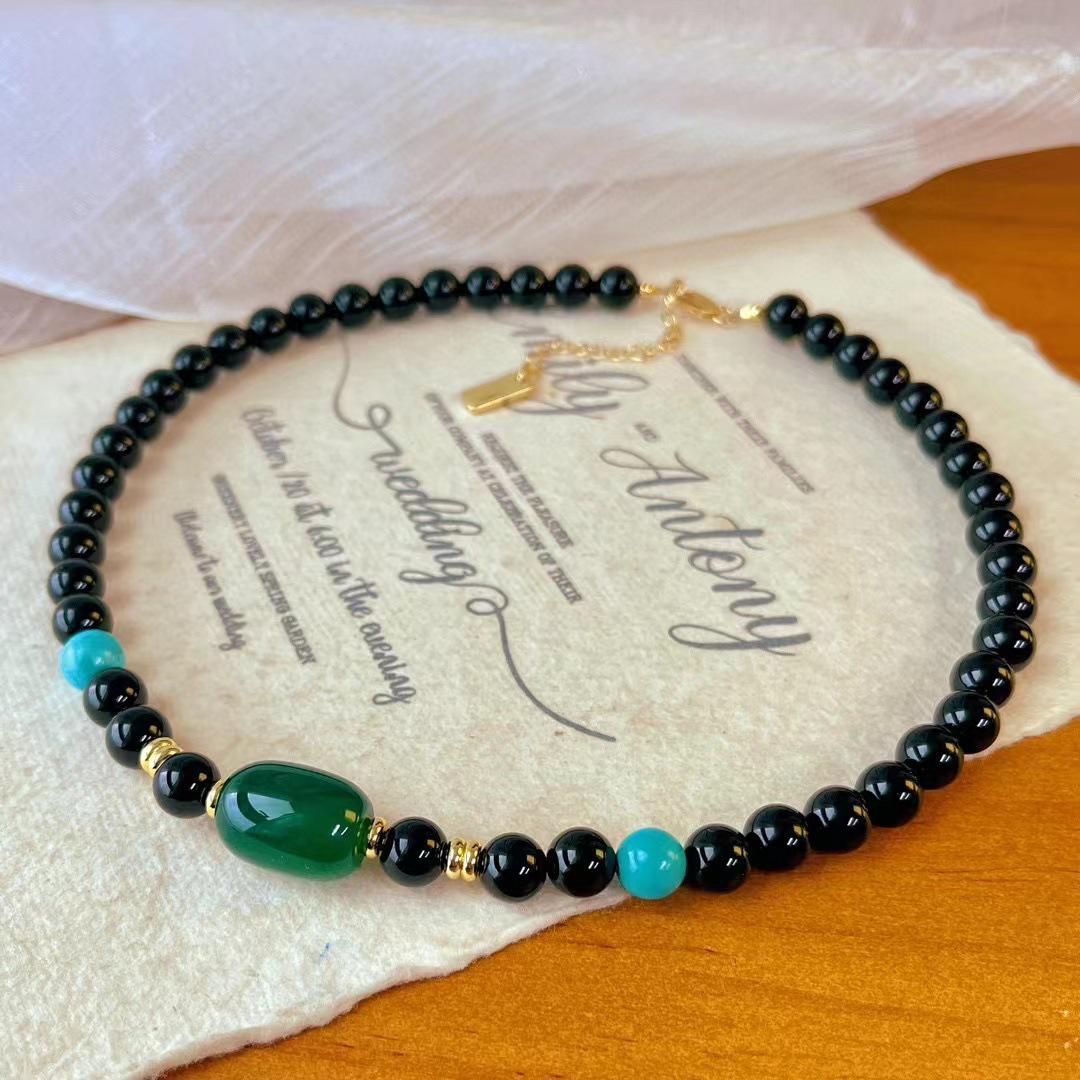 Vintage Premium Dark Night Black Natural Black Agate Collarbone Chain Neck Chain Necklace Atmosphere