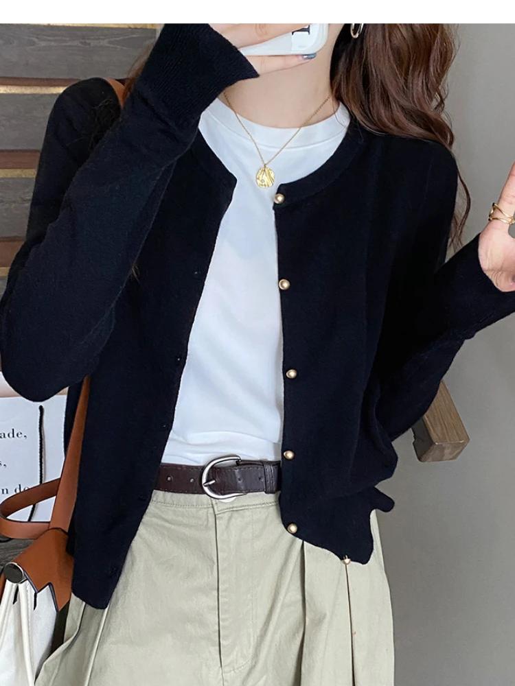 2026 Solid Knitted for Women Cardigan Korean Single Breasted Long Sleeve Jumper Woman Round Neck All Match Cardigans Outwear