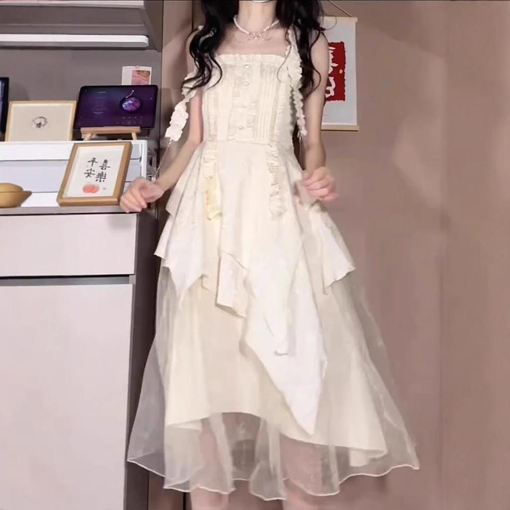 Gentle Wind Princess Long Dress Fairy Fairy Dress Sweet Suspender Irregular Pleated Dress Female Summer