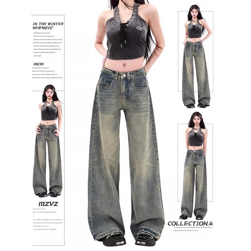 

Plus Size Retro Washed Distressed Wide-Leg Jeans for Women - High Waist, Loose Fit, Autumn/Winter Style. 2XL