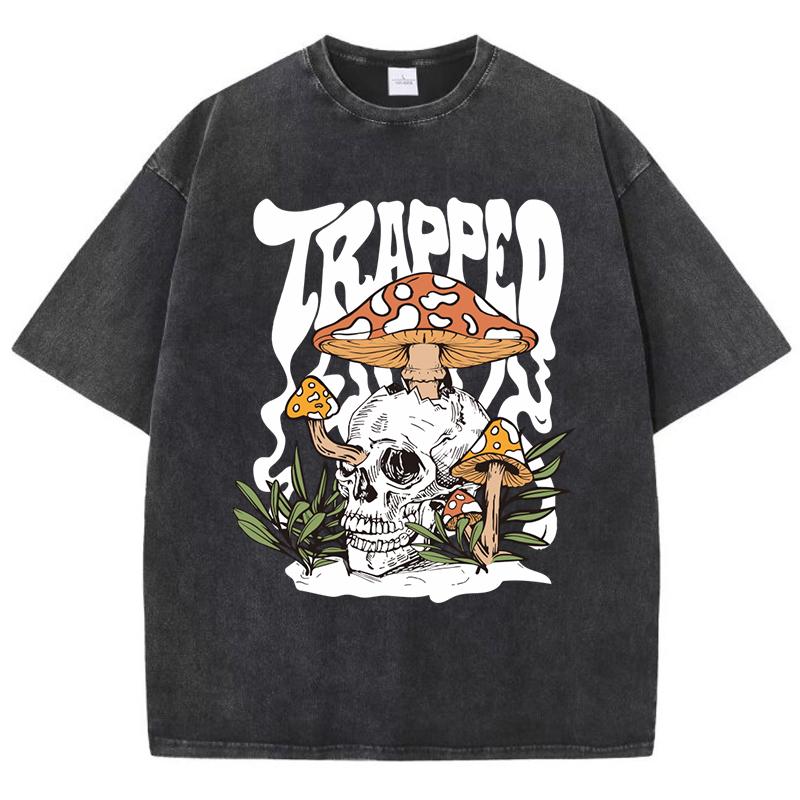 

Mushrooms Grown Inside The Skull Prints Washed Tee Shirts Summer O-Neck Short Sleeve Trendy Cotton Top Loose T-Shirt S