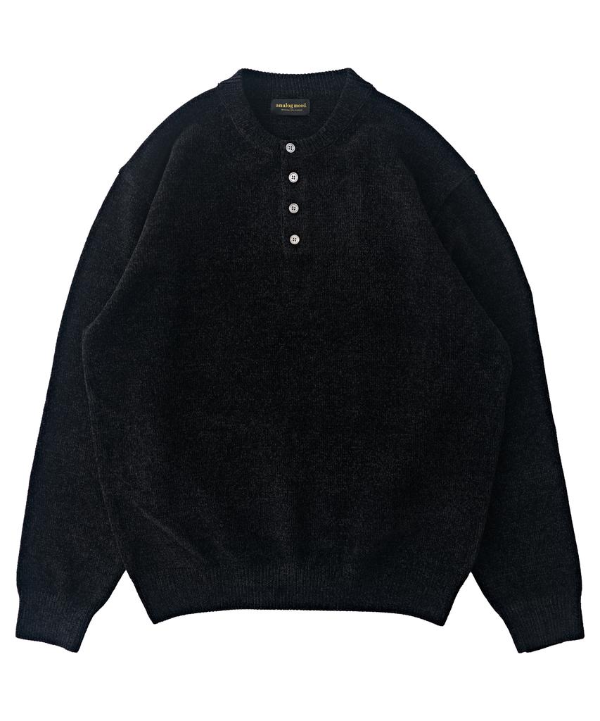 ANALOG MOOD Velour Refined Henley Neck Round Knit (Black)
