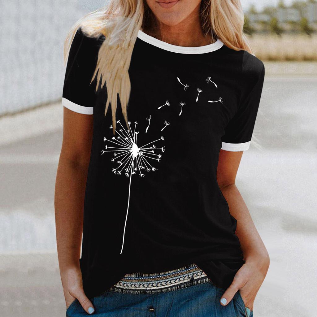 Ladies Cute Printed Short Sleeve Round Neck Front Shoulder Vintage Short Sleeve Summer Loose Shirt Top
