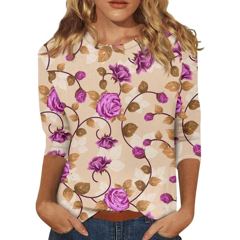 Women s floral print fashionable casual round neck long sleeved shirt XS