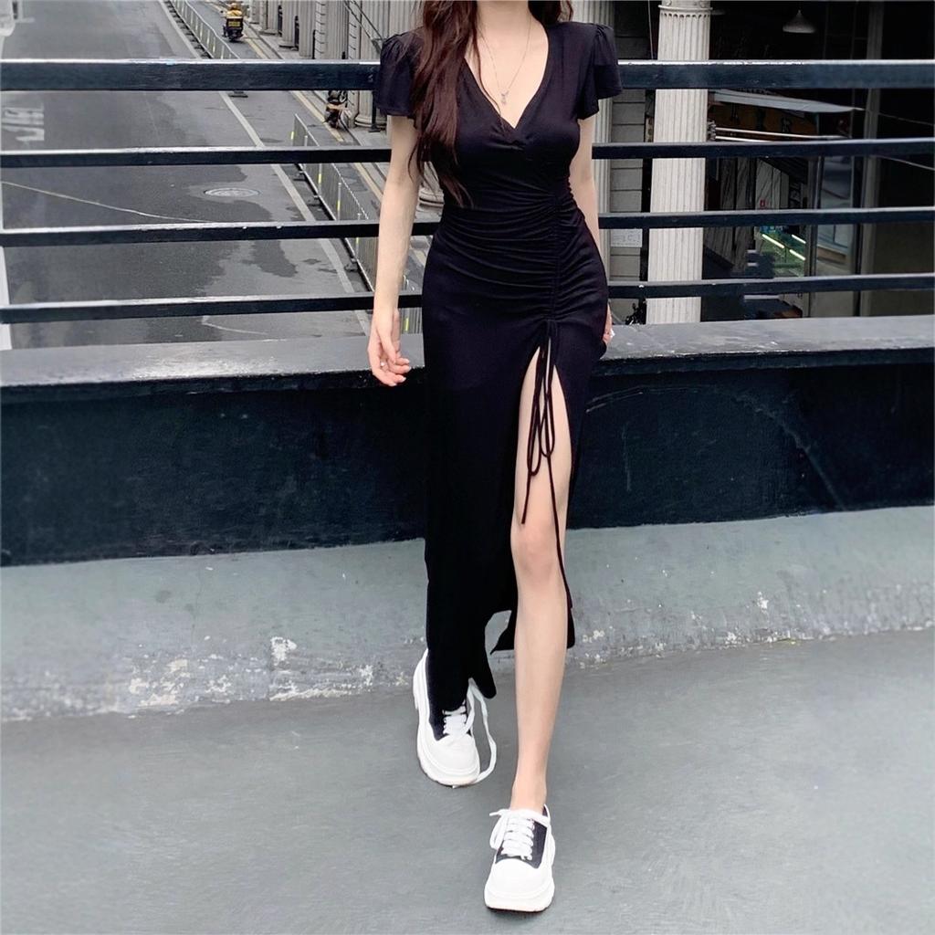 Pleated v-neck dress summer new waist thin drawstring sexy split fork foreign style hip wrap long skirt