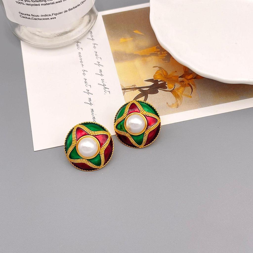 Retro Bunte Emaille Perlen Ohrclips: Modeschmuck-Ohrringe aus 18k vergoldetem Messing