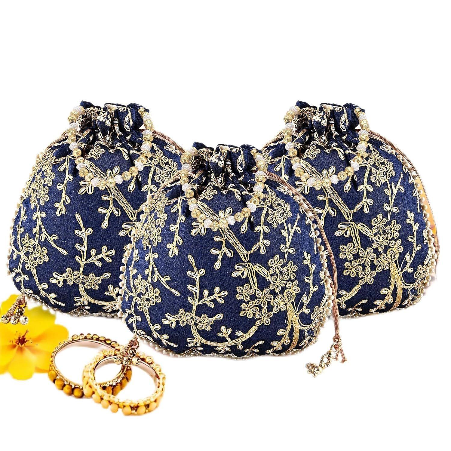 

Набор из 3 сумочек-потли для дам и девушек | Женские подарочные мешочки для праздничных сезонов | Вышитый кошелек-батва | Свадебный кошелек - Темно-синий