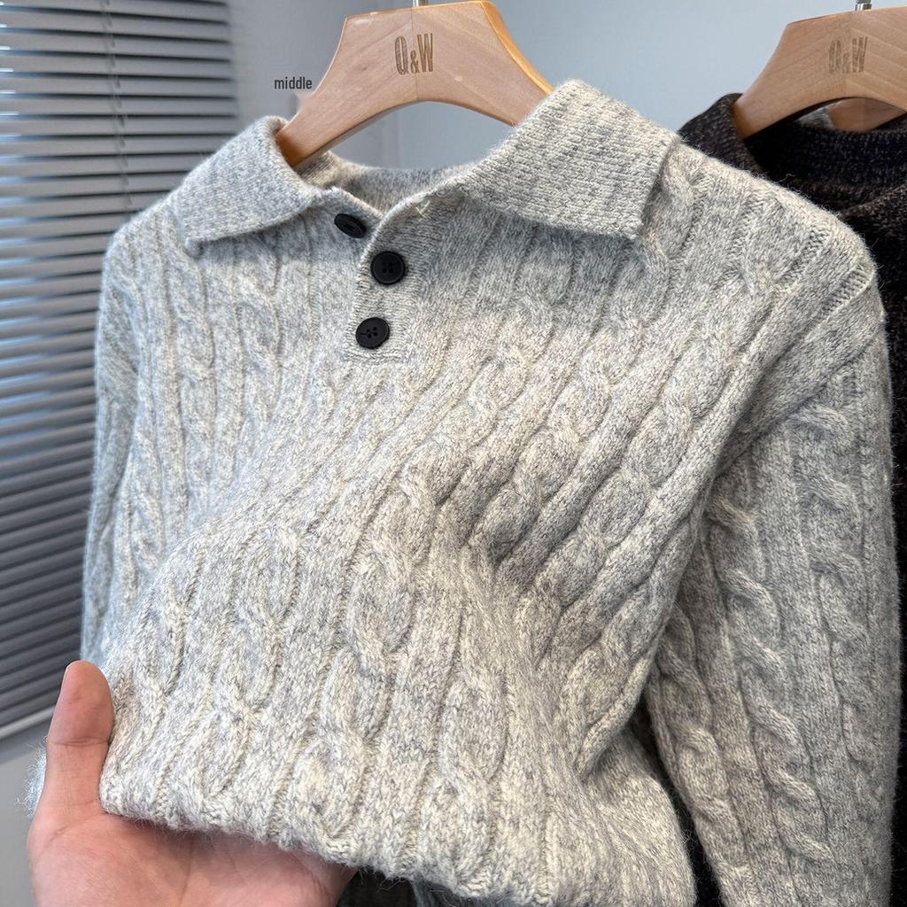 Men's High-End Solid Color Cable Knit Sweater with Lapel, Thickened and Warm for Autumn/Winter, Inner or Base Layer.