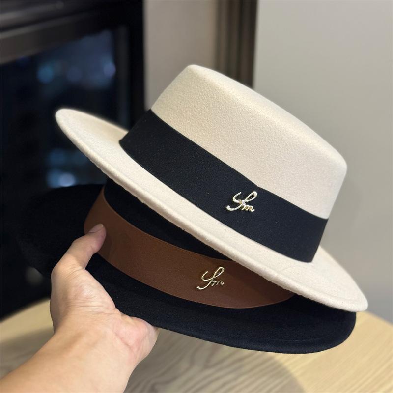 New Classic Flat Top Woolen Top Hat Female Autumn and Winter Socialite Style Bucket Hat British Fashion Versatile Felt Hat Trend