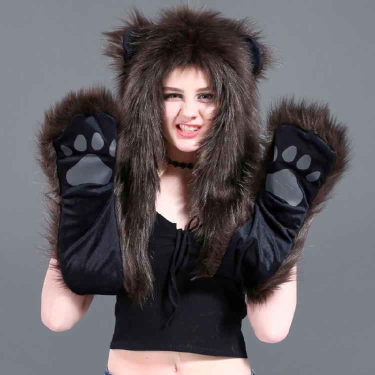 Plush Animal Ear Hat for Adult Unisex Earflap Gloves Scarf All In One Warm Trapper Hat Outdoor Activity Cold Weather Hat