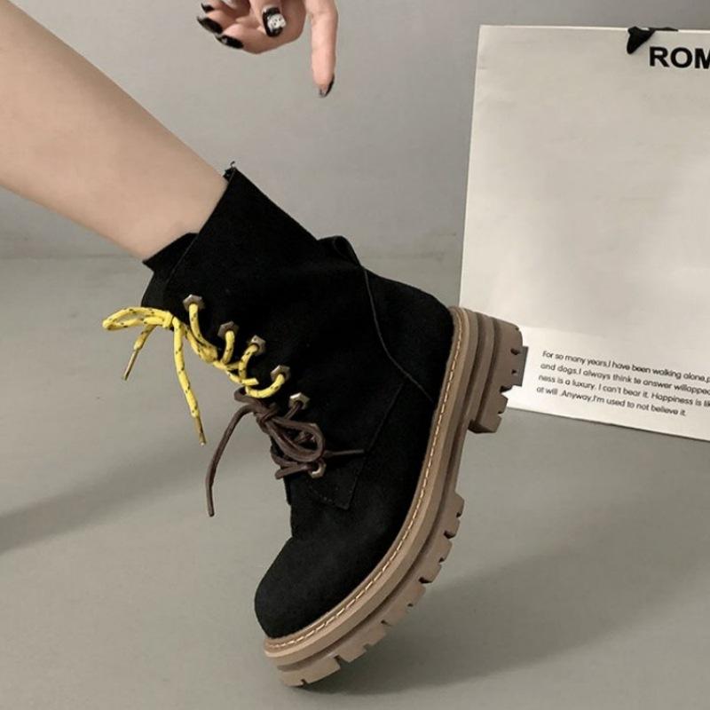 

British thick heel platform Martin boots women s 2024 winter new versatile double color ribbon short Martin boots 40 чорний