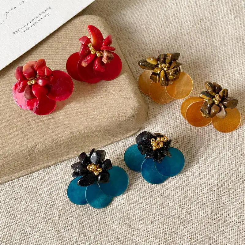Bright Round Colorful Shell Flower Drop Earrings for Women Girls Vintage Small Stones Beaded Flower Stamens Jewelry Accessories