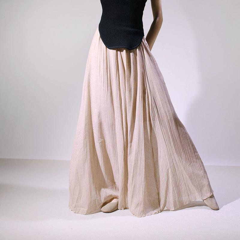 Women's Double Layer Cotton Linen Maxi Skirts Boho Solid Elastic High Waist Pleated A-Line Flowy Swing Long Maxi Skirts Soft Maxi Skirts for Women