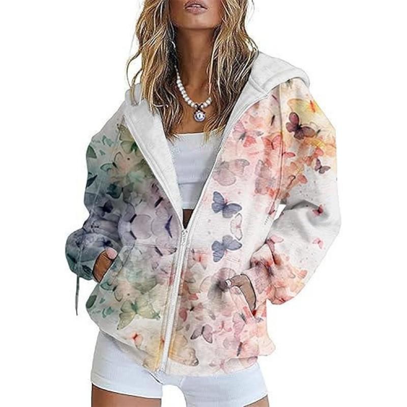 Womens Oversized Hooded Zip-Up Sweatshirt With 3D Printed Winter Casual Loose Fit