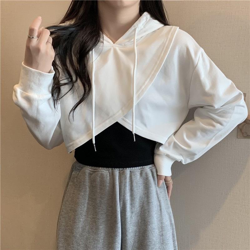 Irregular Cropped Two-Piece Hooded Sweatshirt for Women, 2023 Autumn/Winter, Korean Loose Slimming Chic Style.