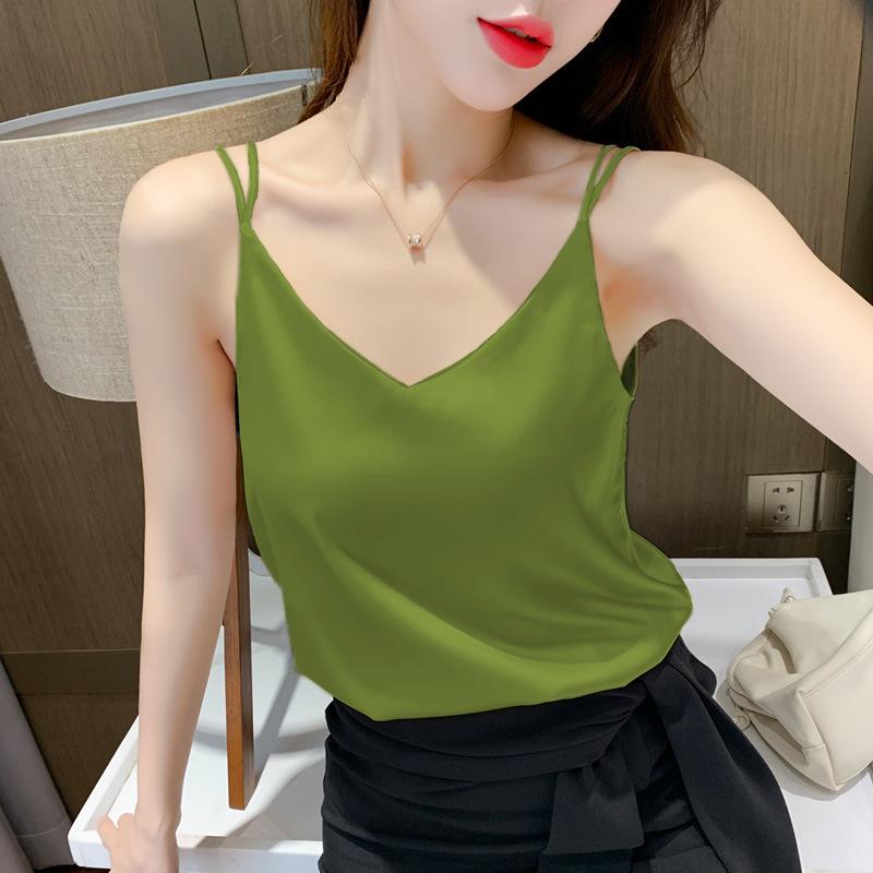 Women Satin Double Spaghetti Strap Cami Top V‑Neck Loose Plus Size Sleeveless Tank Top Silky Acetate Inner Camisole M‑4XL