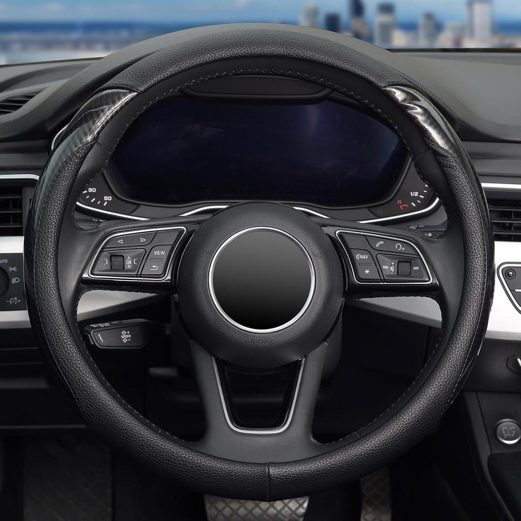 Car Steering Wheel Cover Universal 14 1/2"-15" Leather Carbon Fiber Anti-Slip Ca