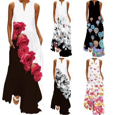 New Summer Sleeveless Plus Size Long Dress Women V-neck A Line Printed Casual Loose Women's Dresses Elegant Fashion Vintage Maxi Beach Dress 5XL 26418