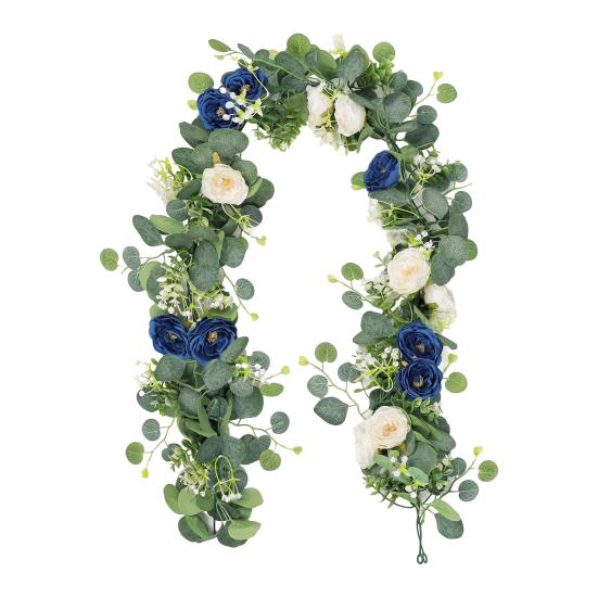 Artificial Eucalyptus Flower Garland with Rose Faux Floral Greenery Garland Fake Rose Flower Vine for Wedding Party Wall Backdrop Decor