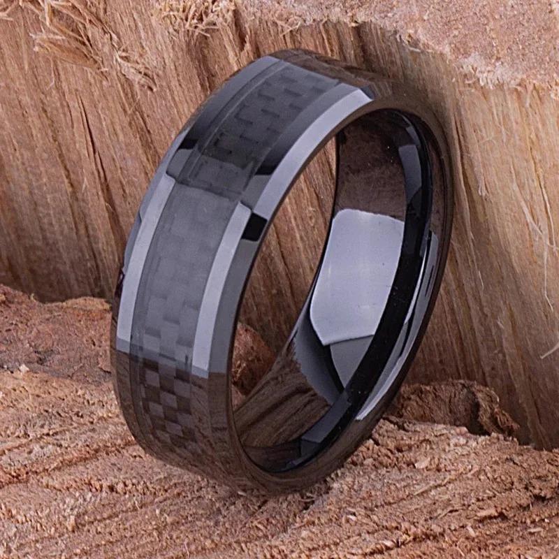 Fashion Men Stainless Steel Rings Inlaid Black Carbon Fiber Rings for Men Women Wedding Engagement Party Jewelry Gifts