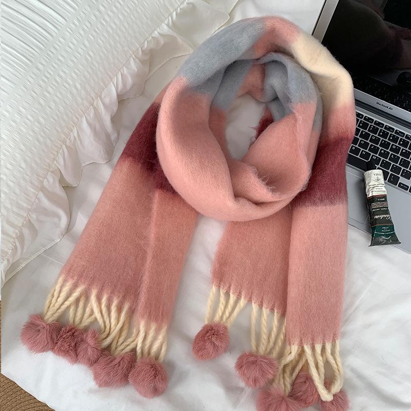 Color blocked Tassel Scarf for Women in Winter New High End Warm and Thickened Scarf for Students Korean Style Versatile Decoration