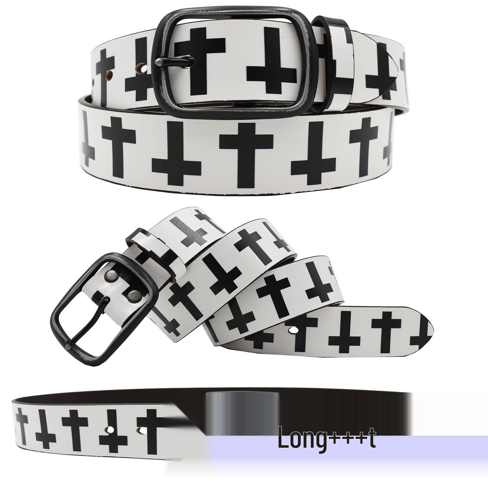 Original Cowhide Graffiti Print Leather Belt: Retro Black & White, American/Japanese/Korean Style. 110 cm белый