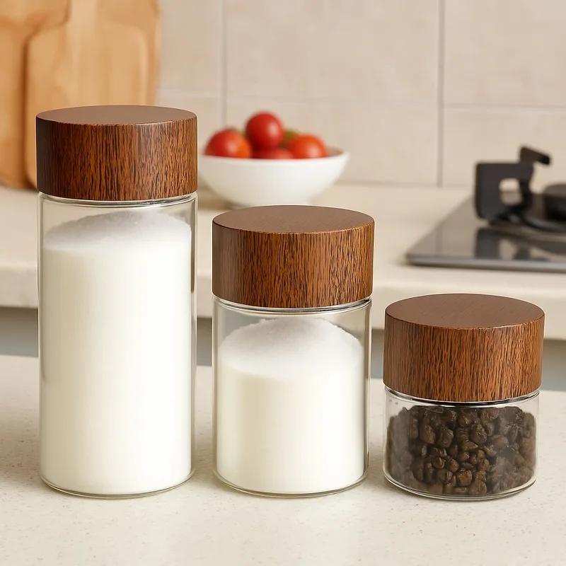 20/1PC Mini Glass Bottles Portable Coffee Beans Storage Container Tube Wood Lid Kitchen Sealed Canister Small Tea Spice Jars