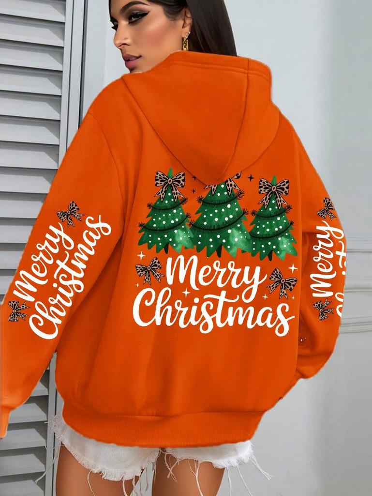 Merry Christmas Tree Bow Women's Hooded Pocket Sweatshirt - Casual Autumn Winter Pullover