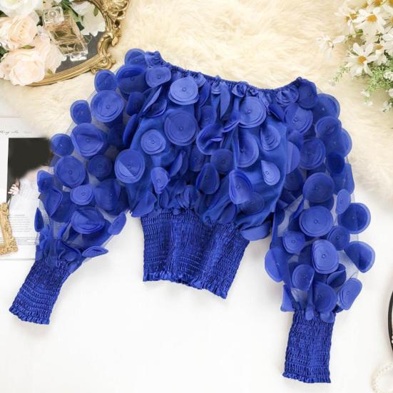 Women Tops Off Shoulder Puff Long Sleeve Elastic Waist Short Tops Perspective Mesh Yarn Casual Tops Party Daily Wear