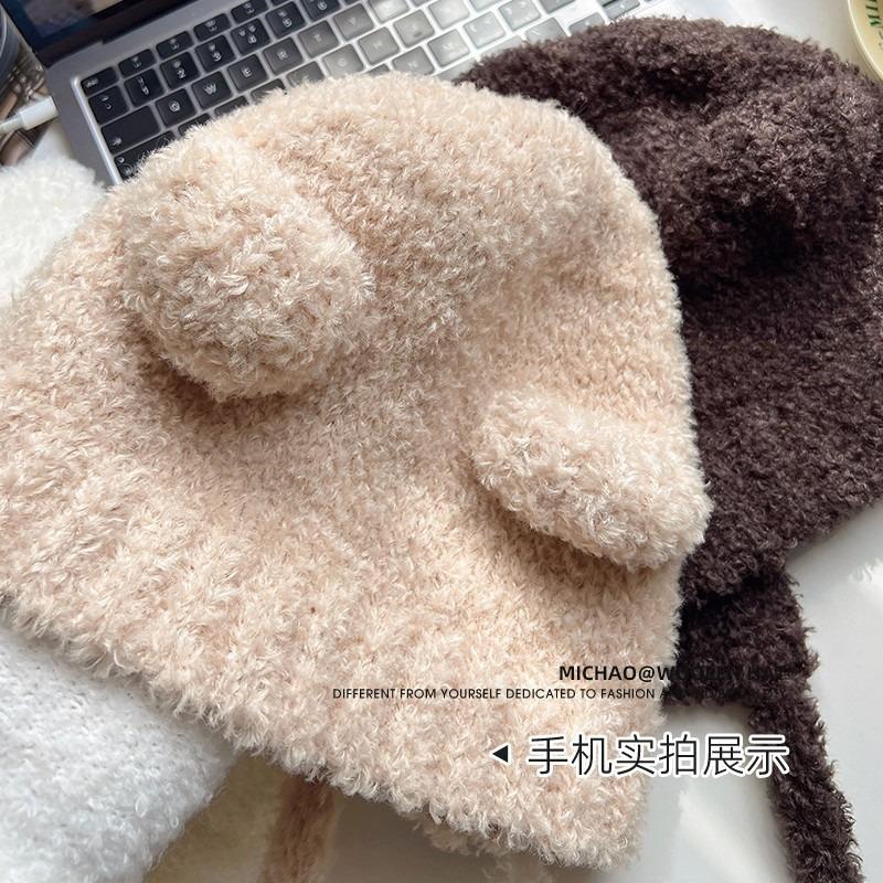 Cute Bear Plush Hat Female Winter Warm Face Small Knitted Wool Hat Big Head Circumference Ear Protectors Headgear Tide