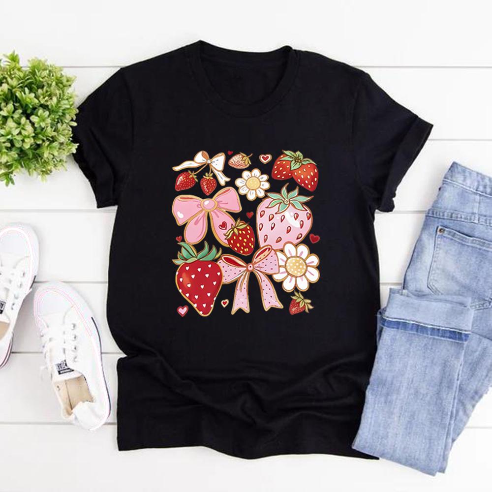 Strawberry Floral Shirt Cute Bow Graphic Tee Cottagecore Aesthetic Clothes Women's Graphic T Shirts Summer Fruit Crewneck Top