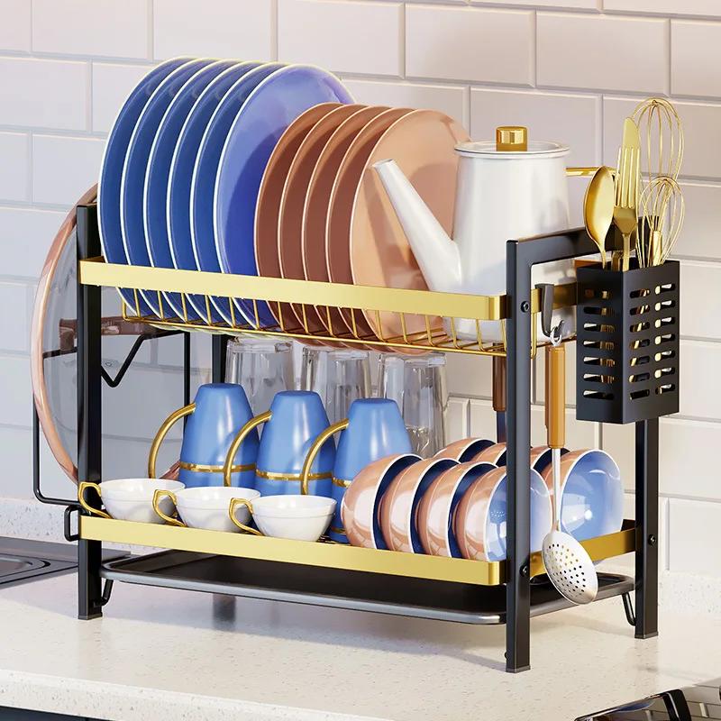 2Layer Kitchen Dish Drying Rack Cutlery Organizer Drainage Basket for Utensils & Plate Storage Fits Over Sink or In Washing Area