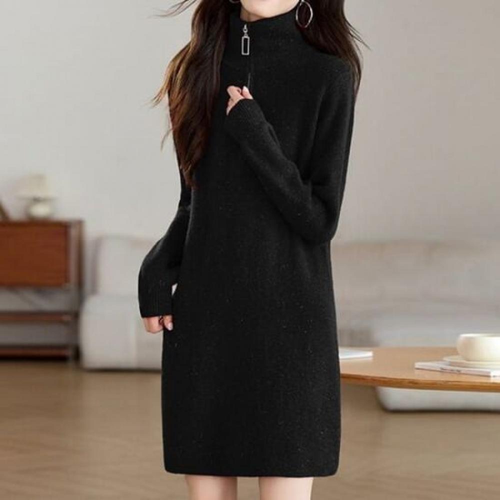 Navava Women Warm Solid Ribbed Half Zip Collar Long Sleeve Knit Dress No951